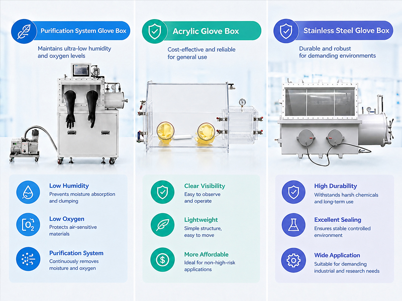 Comparison of purification system, acrylic, and stainless steel glove boxes for controlled laboratory environments Comparison of purification system, acrylic, and stainless steel glove boxes for controlled laboratory environments