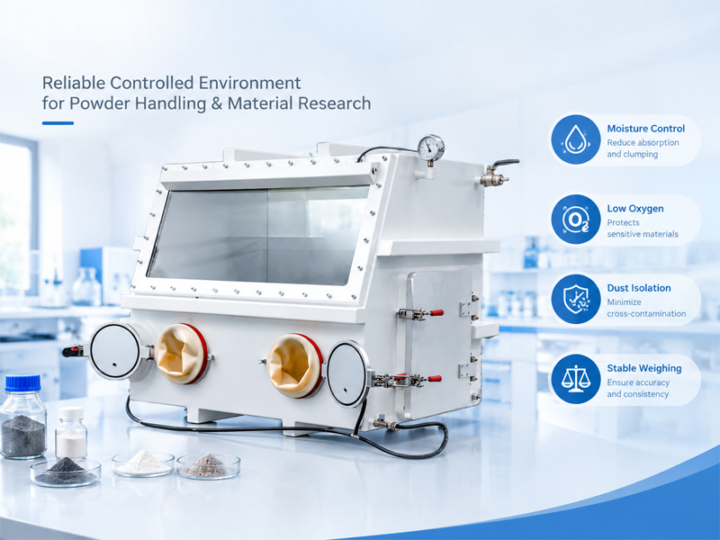 Glove box for powder handling with moisture control, low oxygen, dust isolation, and stable weighing Glove box for powder handling with moisture control, low oxygen, dust isolation, and stable weighing